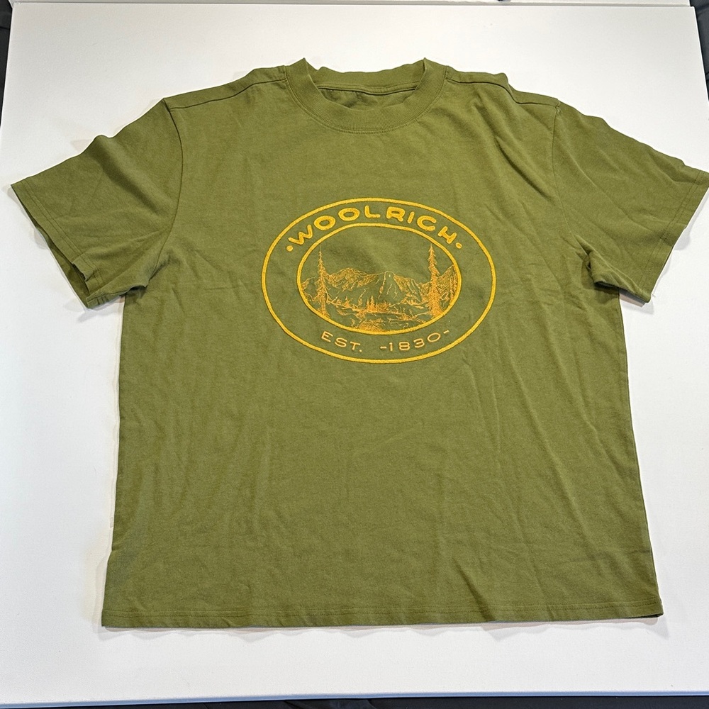 Woolrich Embroidered Tee in Olive Green Tee with Yellow Logo Graphic NWOT (L)